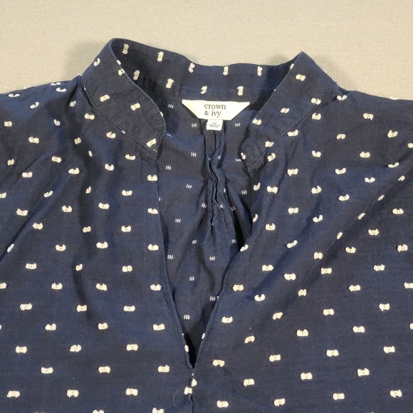 Crown & Ivy Blouse Women's Navy Blue White Polka Dot 3/4 Sleeve Top Size Medium - Picture 1 of 8